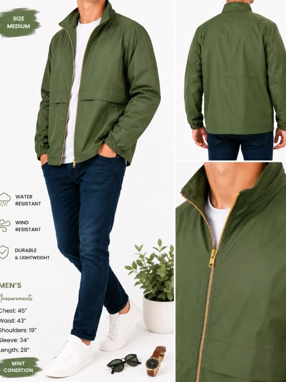 Original Weatherproof Vintage Green Hooded Rain Jacket Windbreaker Mens Medium
